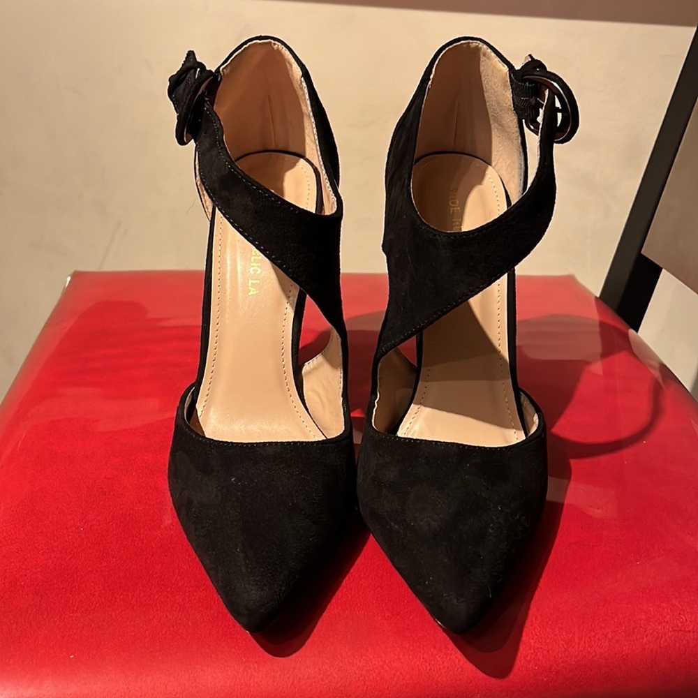 New Size 8 black suede shoe republic la buckle 4 inch wedge heal sexy dressy